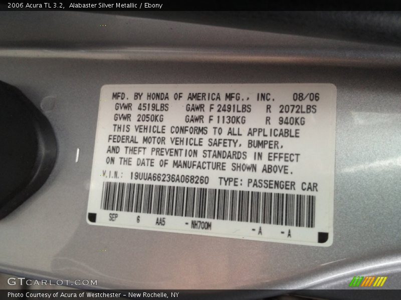 2006 TL 3.2 Alabaster Silver Metallic Color Code NH700M