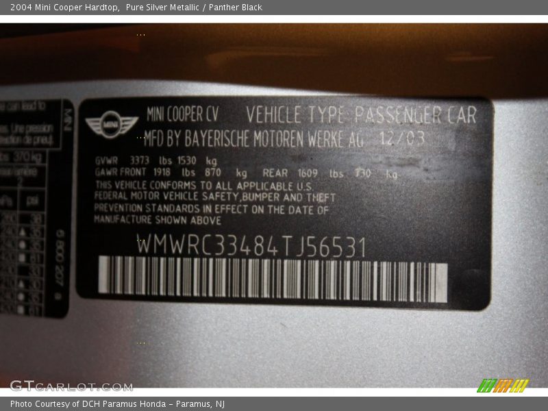 Pure Silver Metallic / Panther Black 2004 Mini Cooper Hardtop