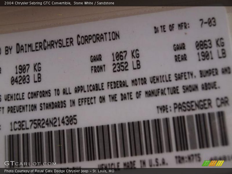 Stone White / Sandstone 2004 Chrysler Sebring GTC Convertible