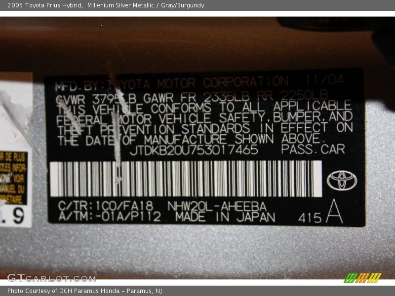 2005 Prius Hybrid Millenium Silver Metallic Color Code 1C0