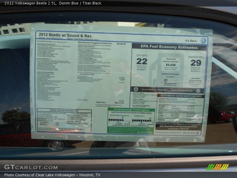  2012 Beetle 2.5L Window Sticker