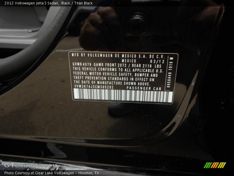 Black / Titan Black 2012 Volkswagen Jetta S Sedan