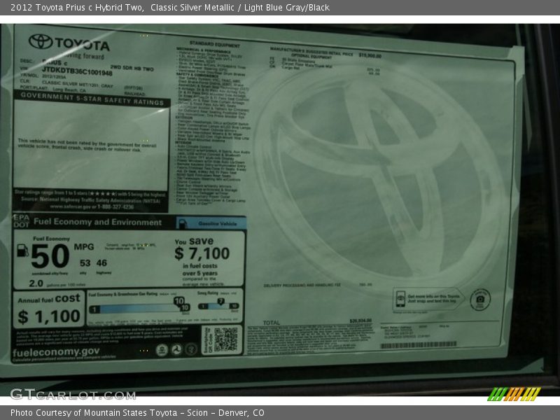  2012 Prius c Hybrid Two Window Sticker