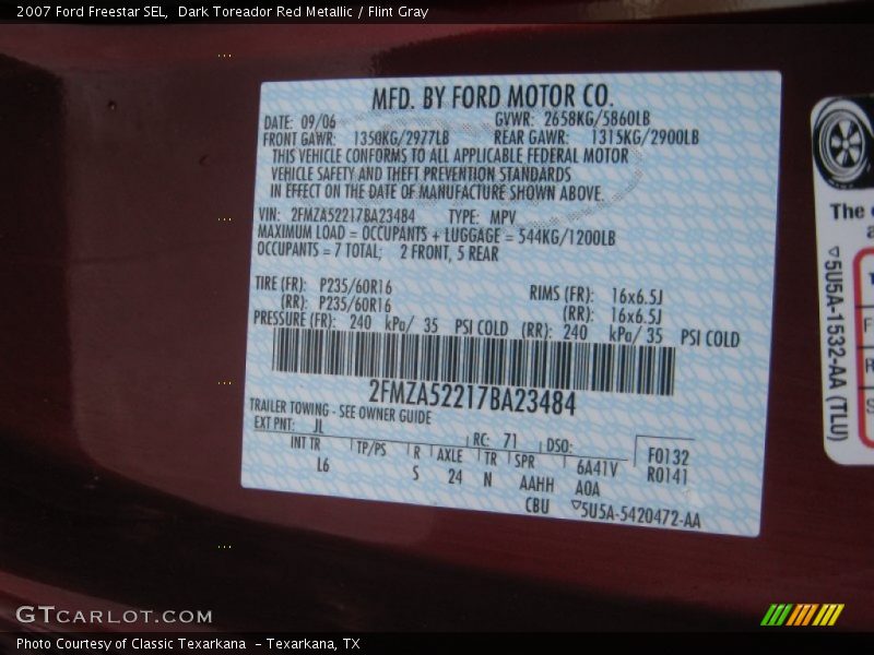 2007 Freestar SEL Dark Toreador Red Metallic Color Code JL