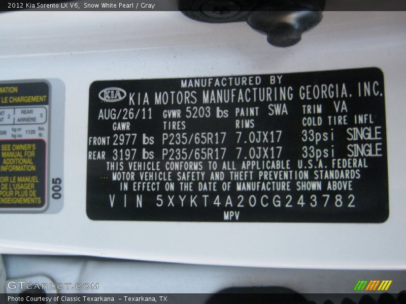 2012 Sorento LX V6 Snow White Pearl Color Code SWA