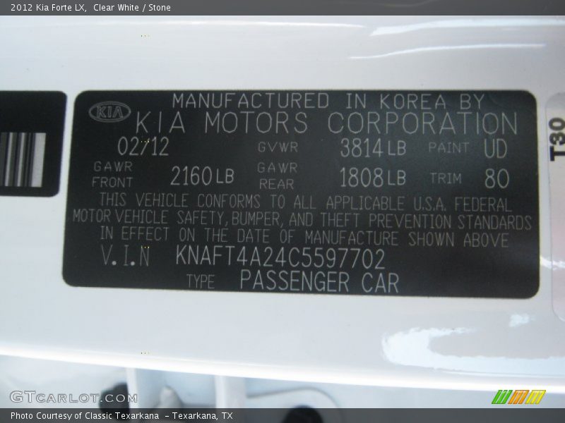 Clear White / Stone 2012 Kia Forte LX