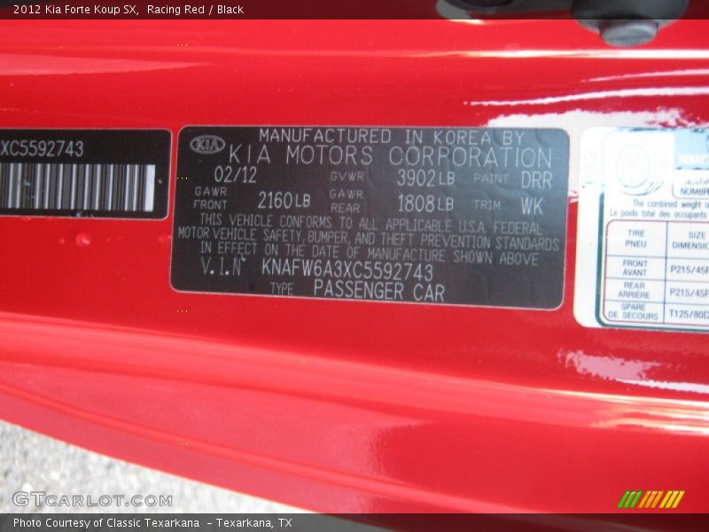Racing Red / Black 2012 Kia Forte Koup SX