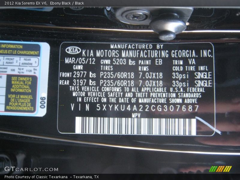 Ebony Black / Black 2012 Kia Sorento EX V6