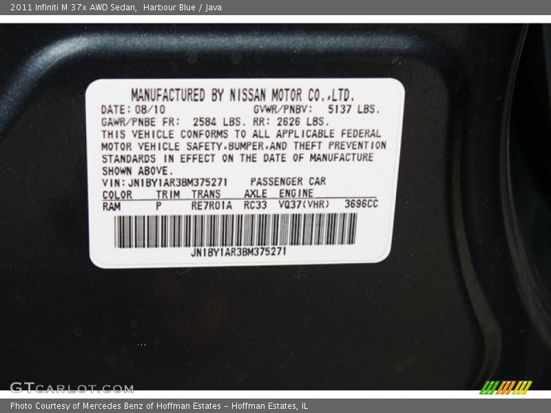 2011 M 37x AWD Sedan Harbour Blue Color Code RAM