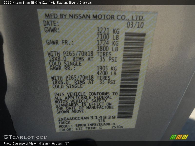 2010 Titan SE King Cab 4x4 Radiant Silver Color Code K12