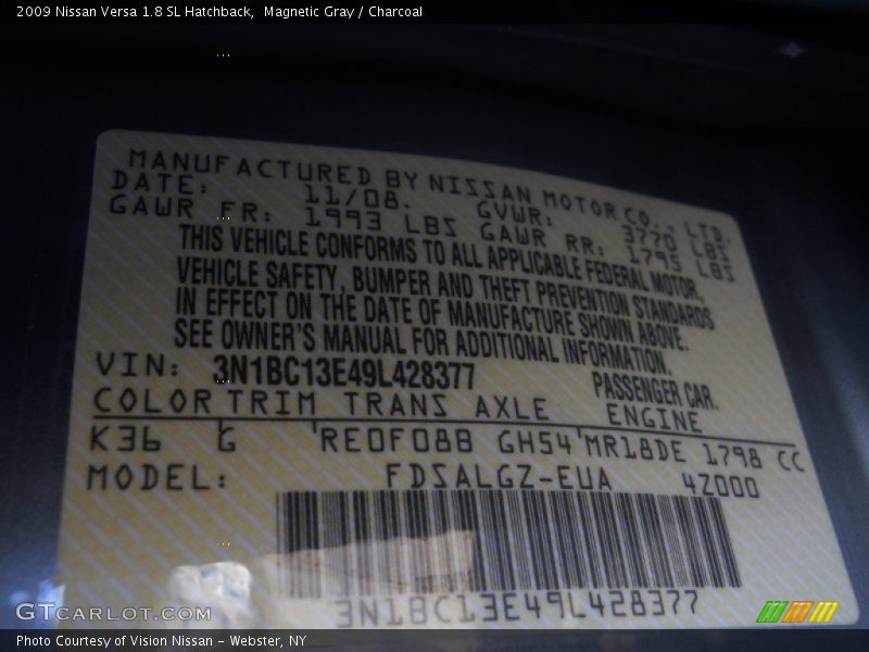 Magnetic Gray / Charcoal 2009 Nissan Versa 1.8 SL Hatchback