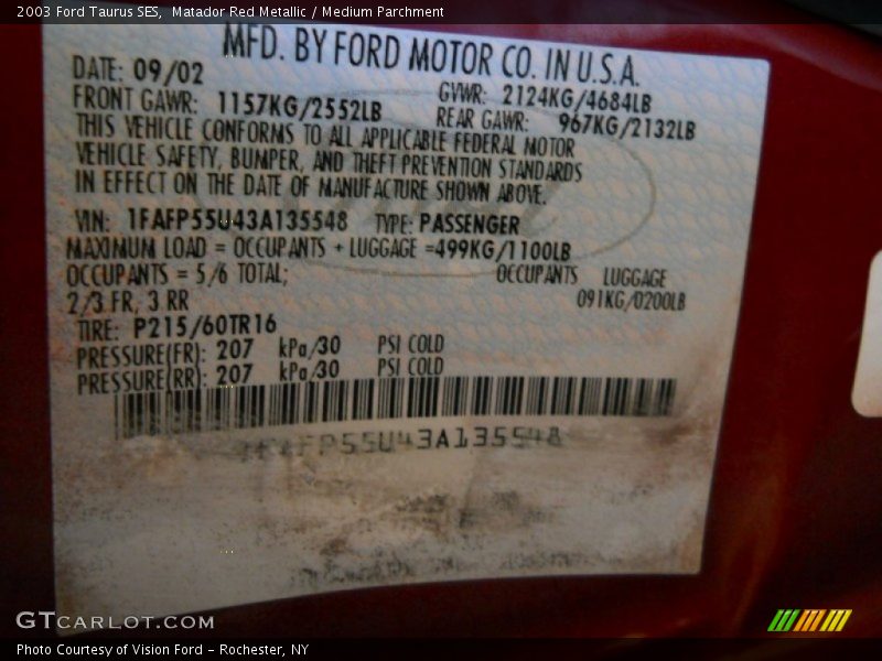 Matador Red Metallic / Medium Parchment 2003 Ford Taurus SES