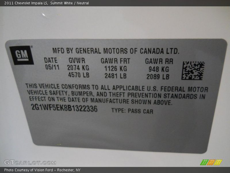 Summit White / Neutral 2011 Chevrolet Impala LS