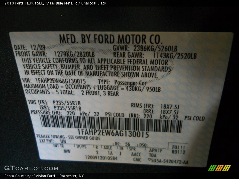 2010 Taurus SEL Steel Blue Metallic Color Code UN