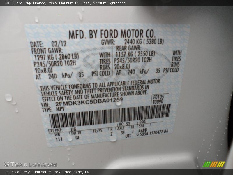 2013 Edge Limited White Platinum Tri-Coat Color Code UG
