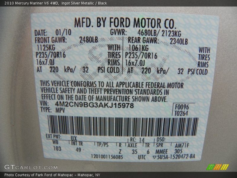 Ingot Silver Metallic / Black 2010 Mercury Mariner V6 4WD
