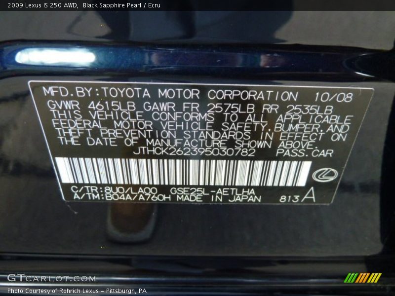 2009 IS 250 AWD Black Sapphire Pearl Color Code 8U0