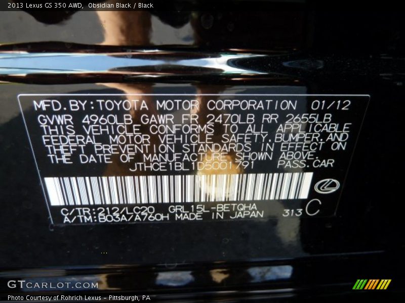 2013 GS 350 AWD Obsidian Black Color Code 212