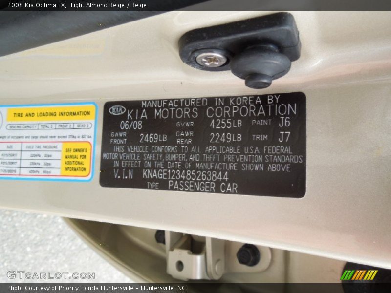 Light Almond Beige / Beige 2008 Kia Optima LX