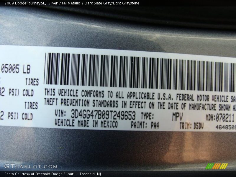 2009 Journey SE Silver Steel Metallic Color Code PA4