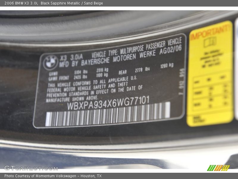 Black Sapphire Metallic / Sand Beige 2006 BMW X3 3.0i