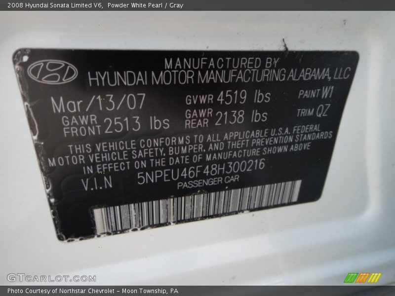 2008 Sonata Limited V6 Powder White Pearl Color Code W1