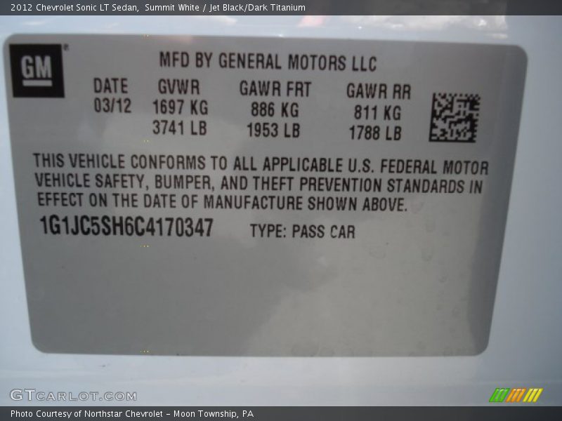 Summit White / Jet Black/Dark Titanium 2012 Chevrolet Sonic LT Sedan