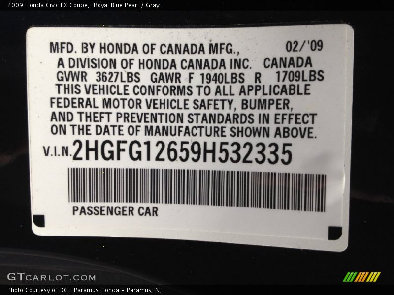 Royal Blue Pearl / Gray 2009 Honda Civic LX Coupe