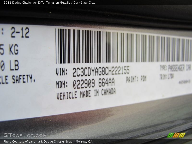 2012 Challenger SXT Tungsten Metallic Color Code PDM