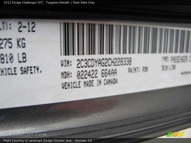2012 Challenger SXT Tungsten Metallic Color Code PDM
