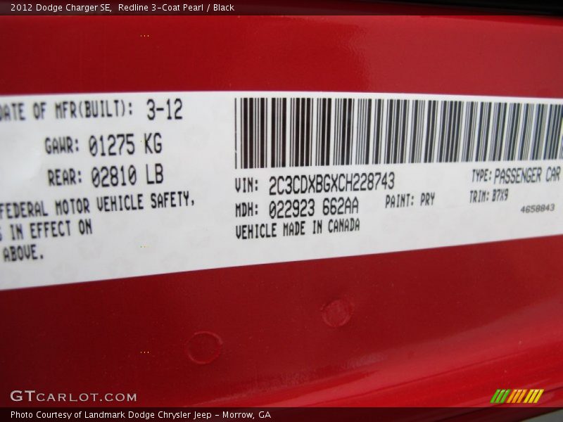 2012 Charger SE Redline 3-Coat Pearl Color Code PRY