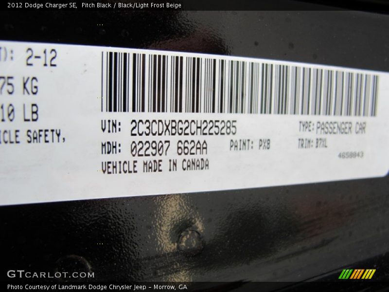 2012 Charger SE Pitch Black Color Code PX8