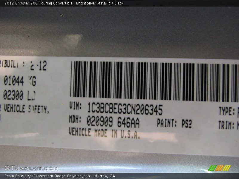 2012 200 Touring Convertible Bright Silver Metallic Color Code PS2