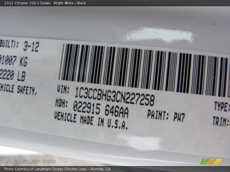 2012 200 S Sedan Bright White Color Code PW7
