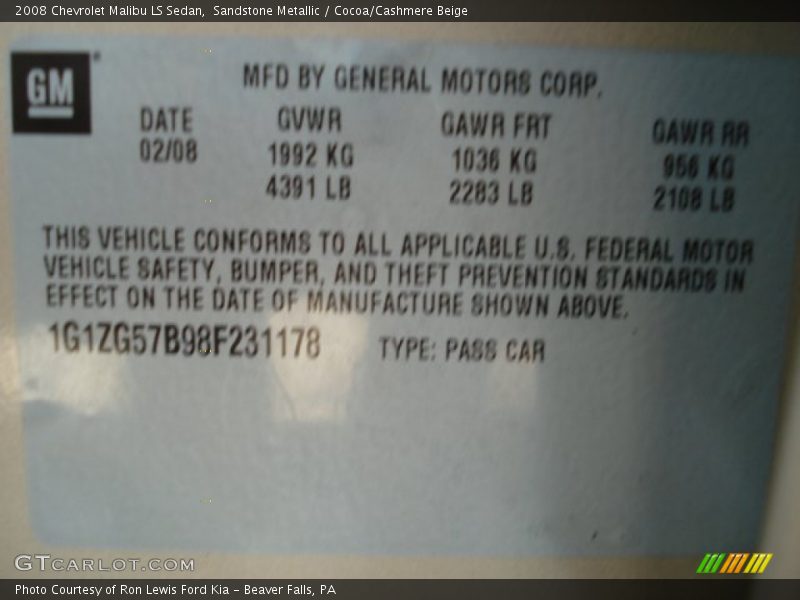 Sandstone Metallic / Cocoa/Cashmere Beige 2008 Chevrolet Malibu LS Sedan