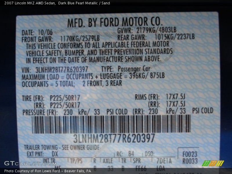 2007 MKZ AWD Sedan Dark Blue Pearl Metallic Color Code DX