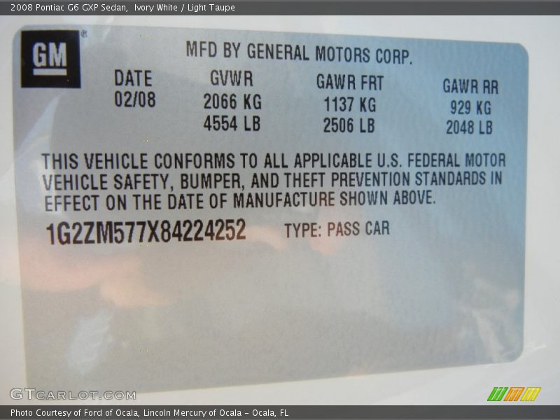 Info Tag of 2008 G6 GXP Sedan