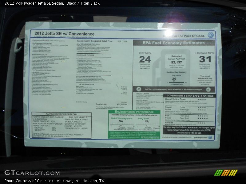 Black / Titan Black 2012 Volkswagen Jetta SE Sedan