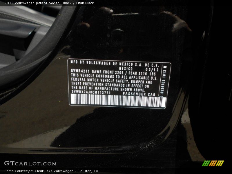 Black / Titan Black 2012 Volkswagen Jetta SE Sedan