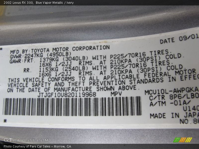 2002 RX 300 Blue Vapor Metallic Color Code 8P6