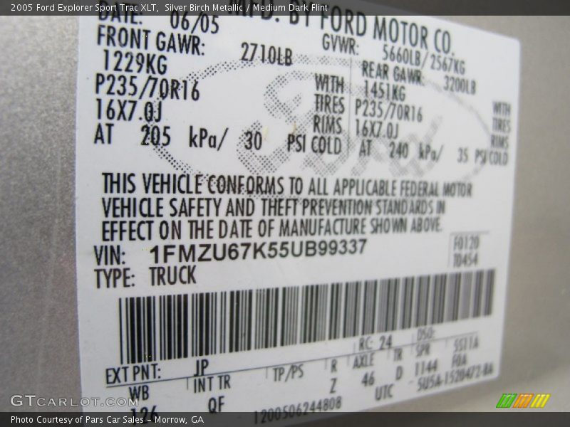 2005 Explorer Sport Trac XLT Silver Birch Metallic Color Code JP