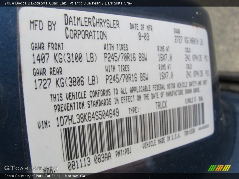 2004 Dakota SXT Quad Cab Atlantic Blue Pearl Color Code PBJ