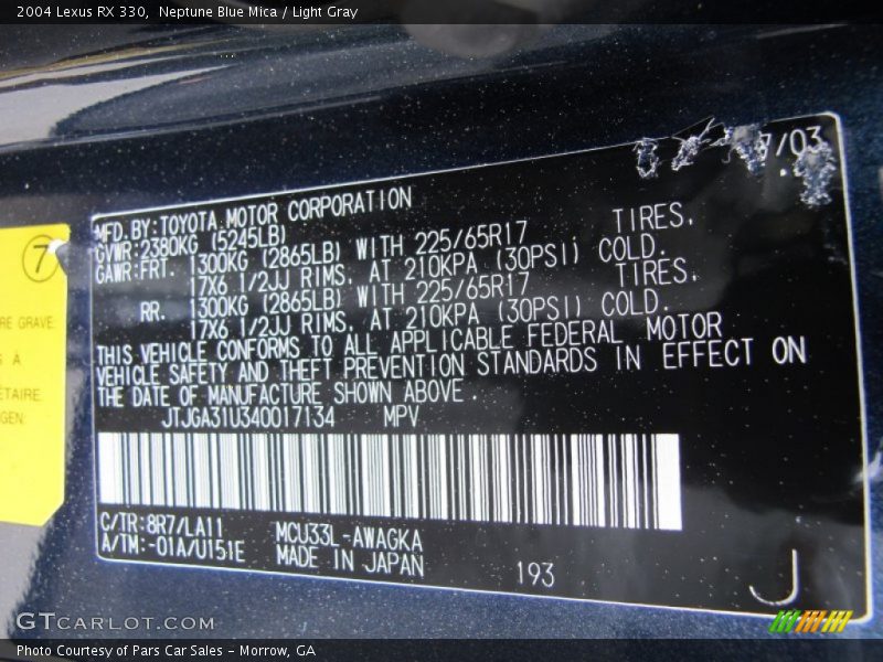 2004 RX 330 Neptune Blue Mica Color Code 8R7