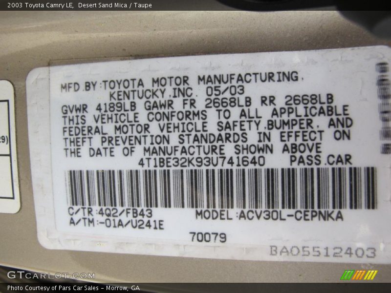 Desert Sand Mica / Taupe 2003 Toyota Camry LE