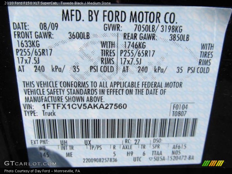 2010 F150 XLT SuperCab Tuxedo Black Color Code UH