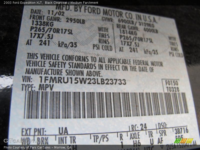 2003 Expedition XLT Black Clearcoat Color Code UA