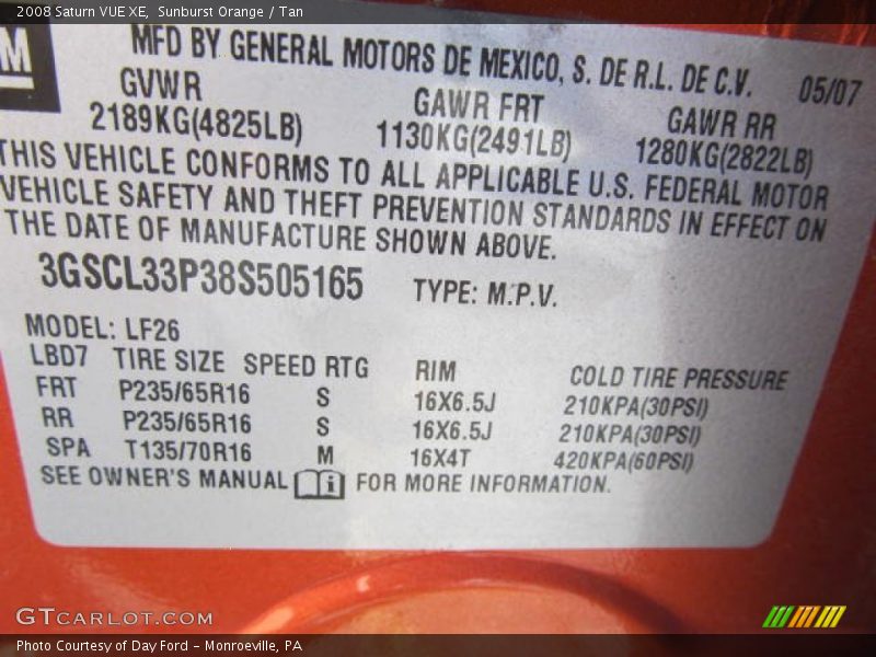 Sunburst Orange / Tan 2008 Saturn VUE XE