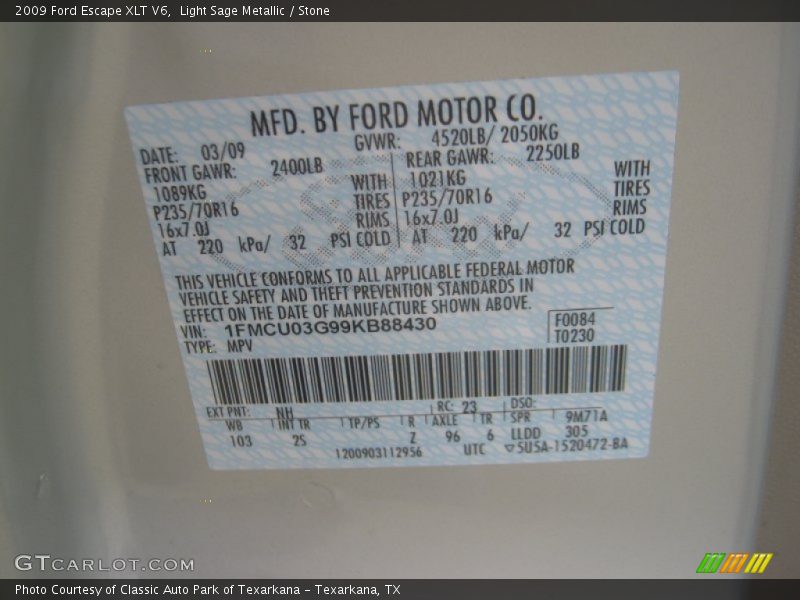 2009 Escape XLT V6 Light Sage Metallic Color Code NH