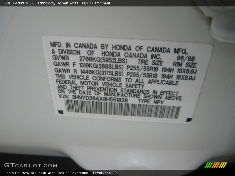 Aspen White Pearl / Parchment 2008 Acura MDX Technology