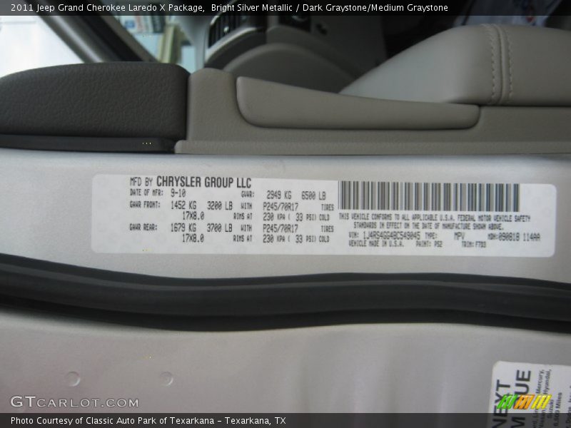 2011 Grand Cherokee Laredo X Package Bright Silver Metallic Color Code PS2